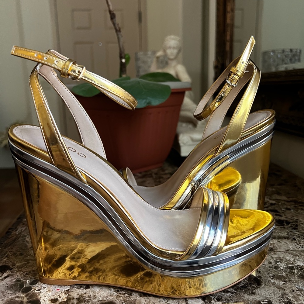 Aldo Gold and Silver Wedge Sandals with Metallic Straps